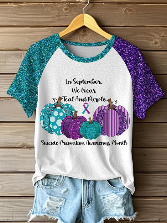 Women's In September We Wear Teal And Purple Suicide Prevention Awareness Printed T-Shirt