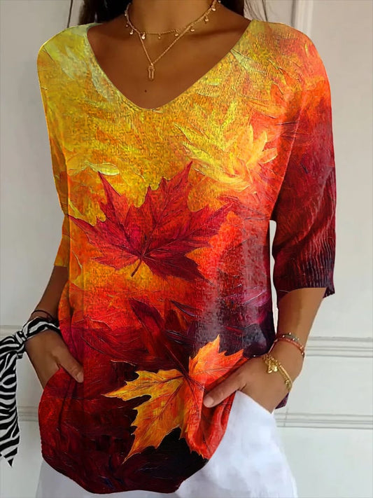 Women's Casual Autumn Maple Leaf Oil Painting Striped T-Shirt