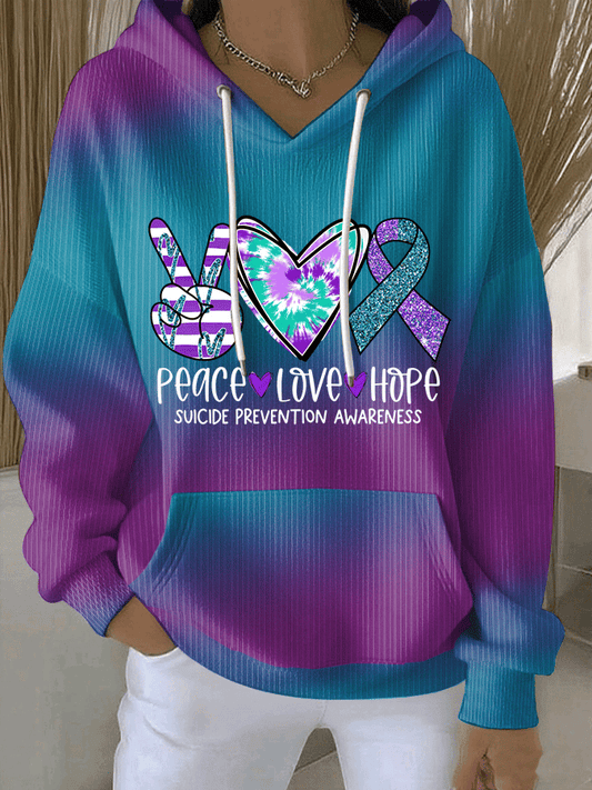 Women's Peace, Love, Hope Suicide Prevention Awareness Print Comfort Hoodie