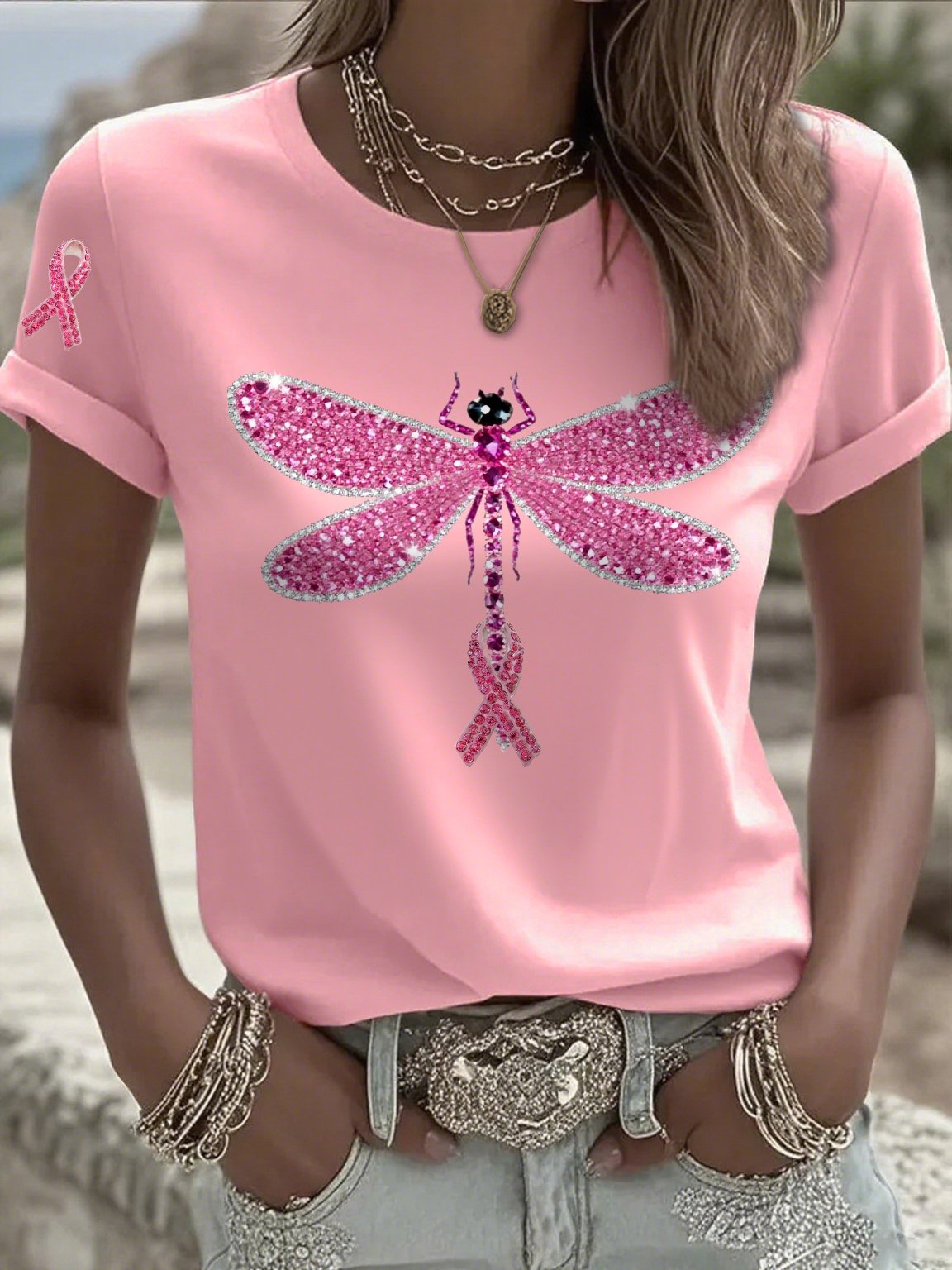 Women's Casual Pink Dragonfly Ribbon Hot-Stitching Rhinestone Print T-Shirt