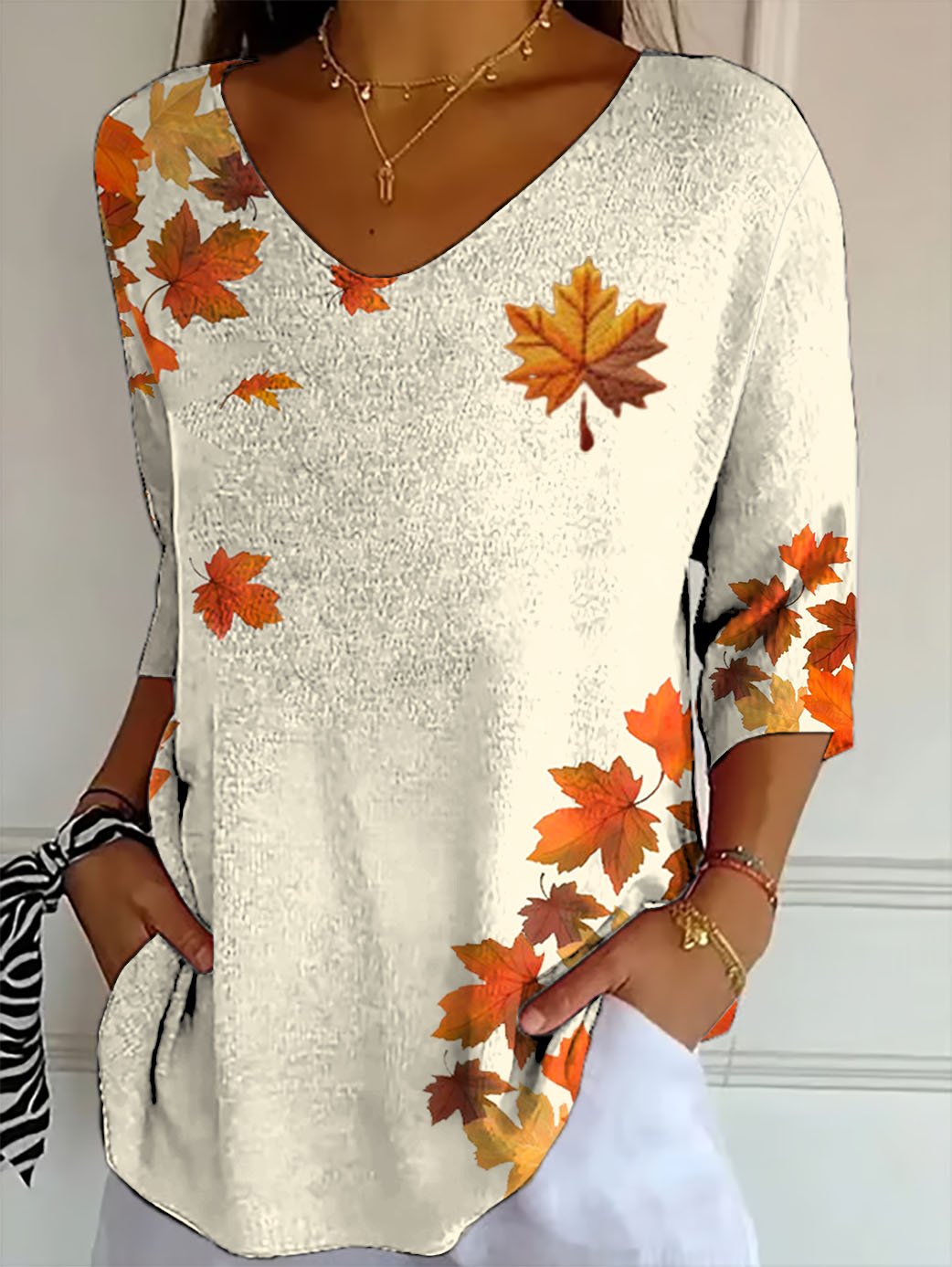 Women's Autumn Maple Leaf Printed T-Shirt