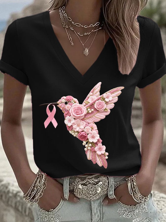 Women's Breast Cancer Hummingbird Ribbon Print Casual T-shirt