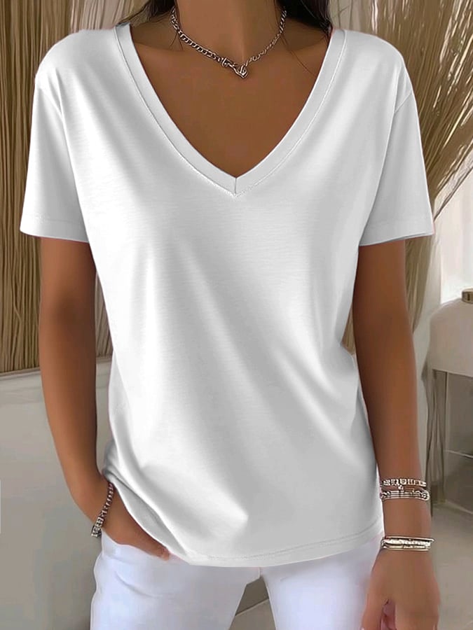 Women's Casual All-Match Solid Color V-Neck T-Shirt