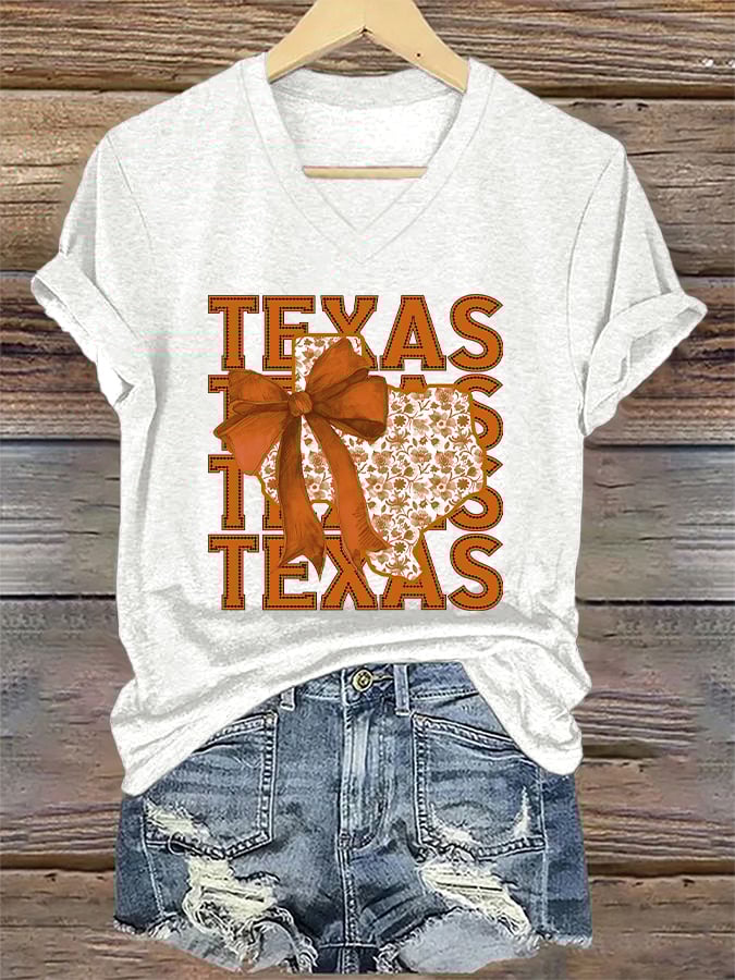 V-Neck Retro Burnt Orange Texas Coquette Bow Print T-Shirt