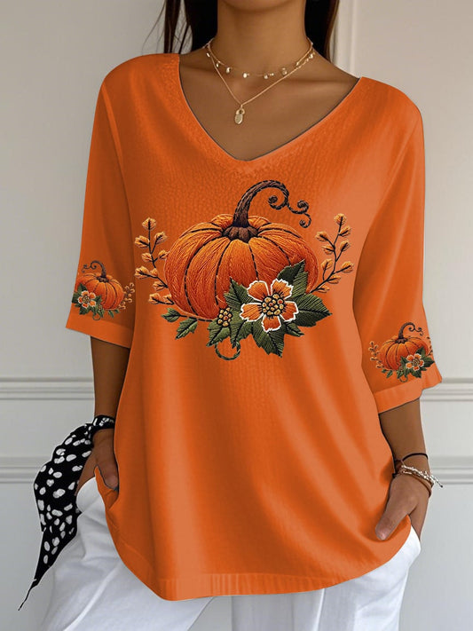 Women's Retro Autumn Pumpkin Print Mid Sleeve T-Shirt