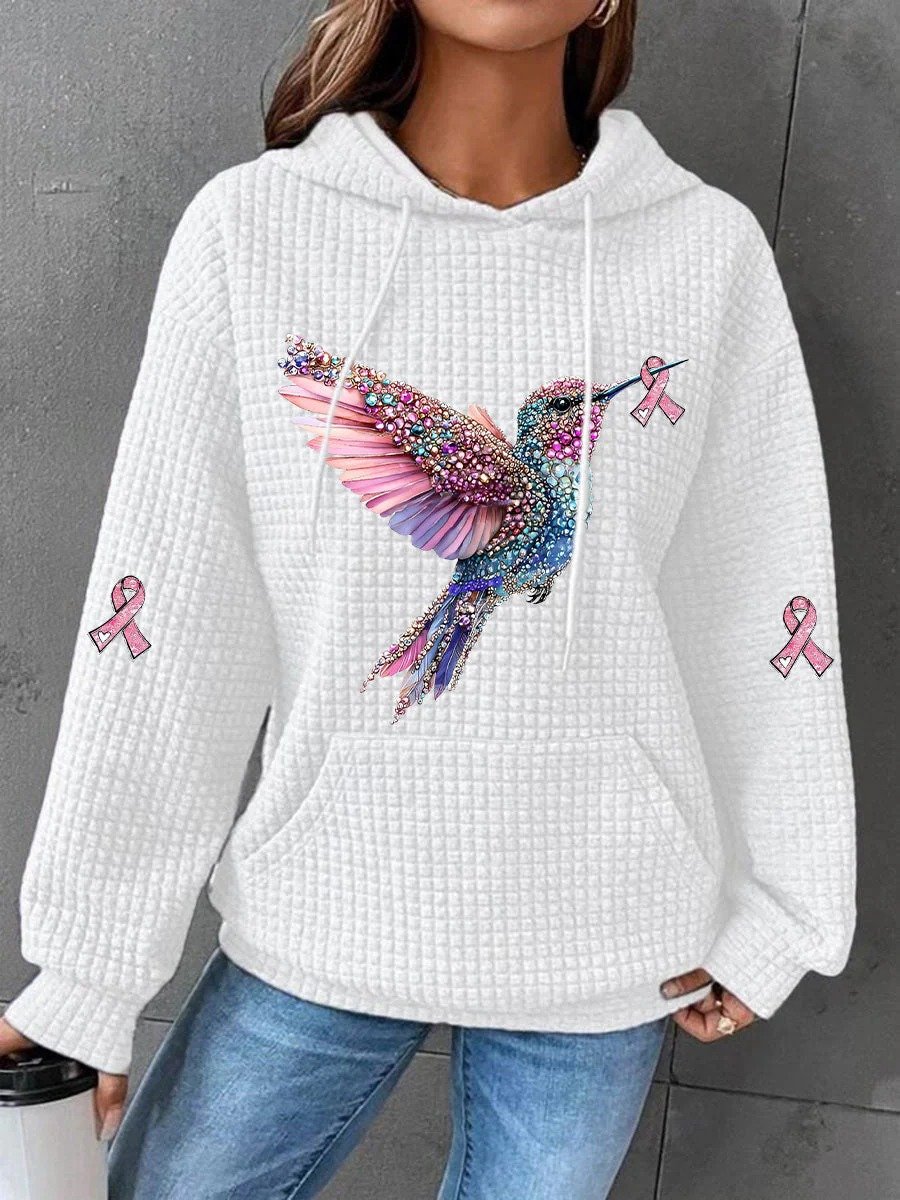 Women's Breast Cancer Hummingbird Ribbon Print Hoodie