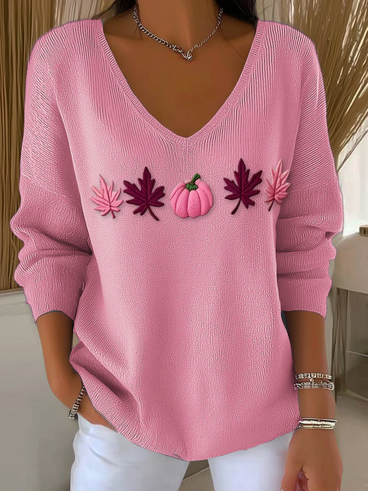 Women's Casual Pink Maple Leaf Pumpkin Striped Autumn And Winter Bottoming Shirt
