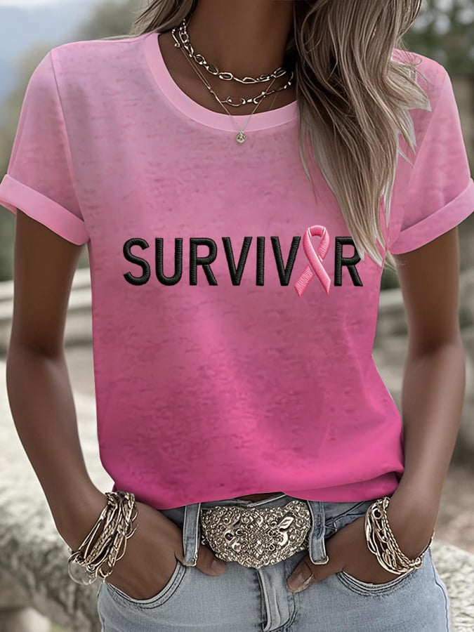 Women's Breast Cancer Survivors Print Round Neck Short Sleeve Linen Blend Shirt