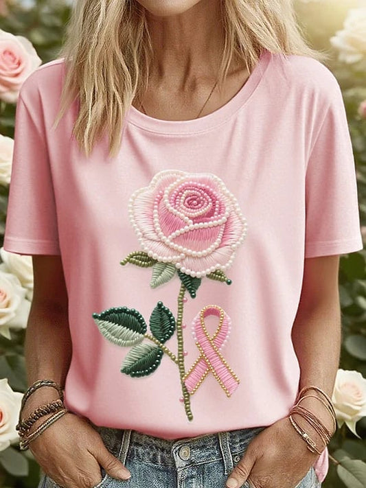 Women's Breast Cancer Floral Print T-Shirt