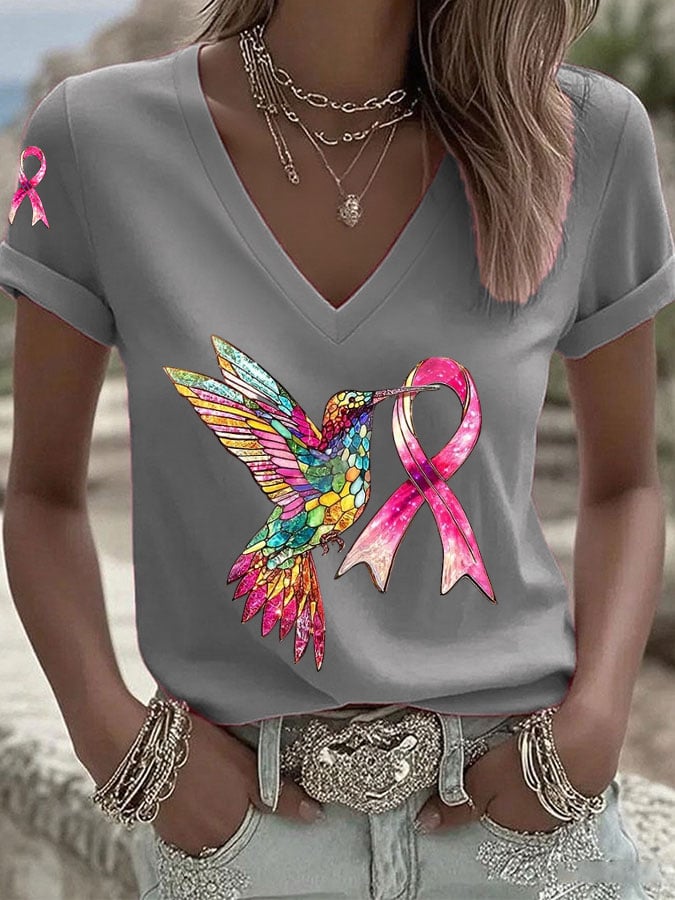 Women's Breast Cancer Hummingbird Ribbon Print Casual T-shirt