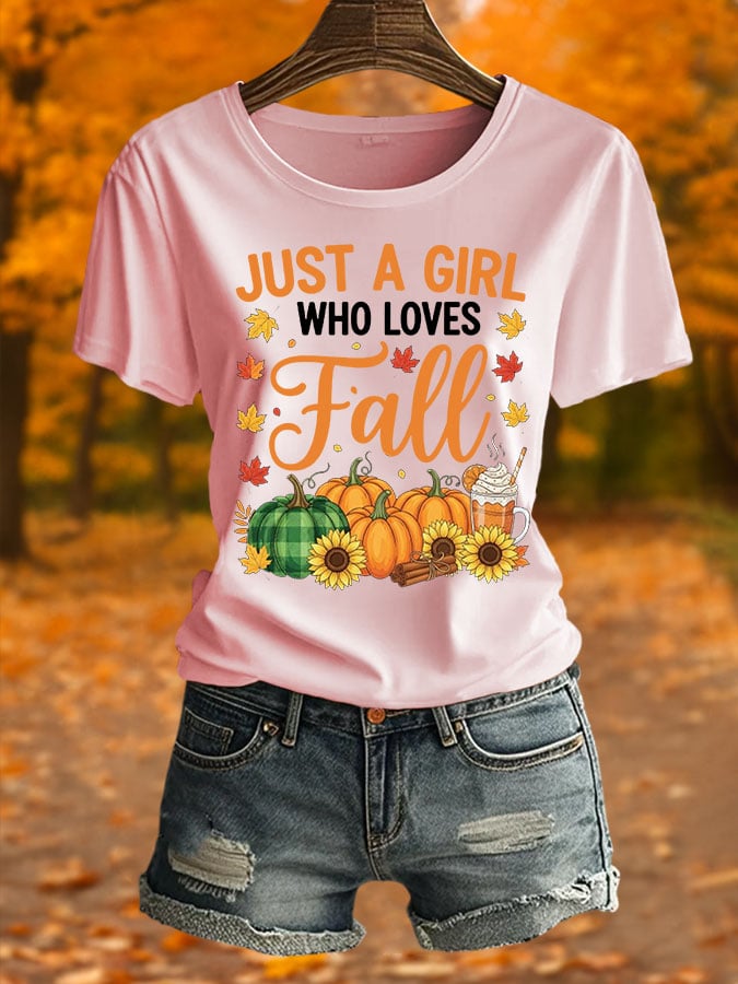 Just A Girl Who Loves Autumn Women'S Printed Round Neck T-Shirt