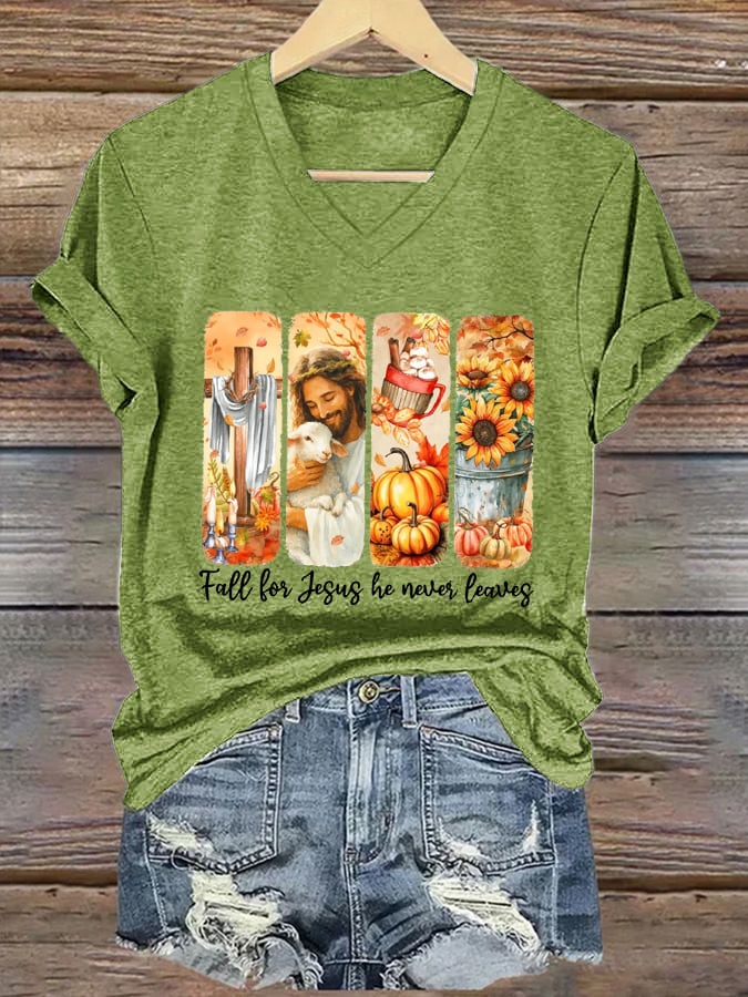 Women's Fall For Jesus He Never Leaves Print T-Shirt
