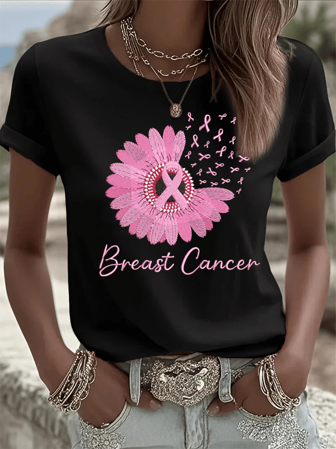Women's Breast Cancer Awareness Print Crew Neck T-Shirt