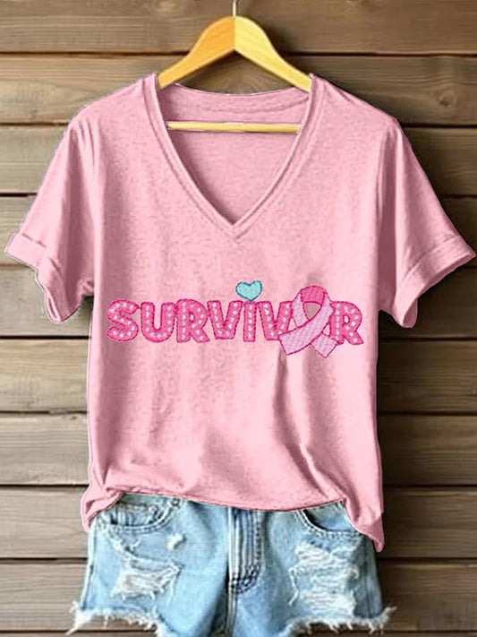 Women's Breast Cancer Awareness Print V Neck T-shirt