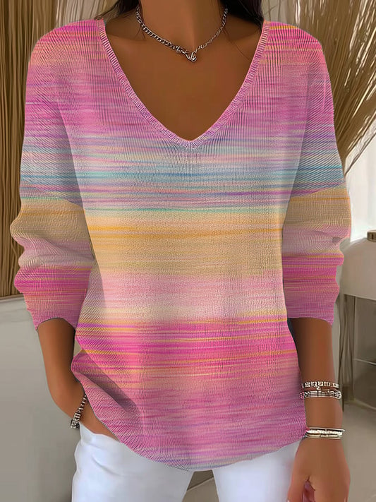 Women's Casual Pink Gradient Striped Long-Sleeved Top