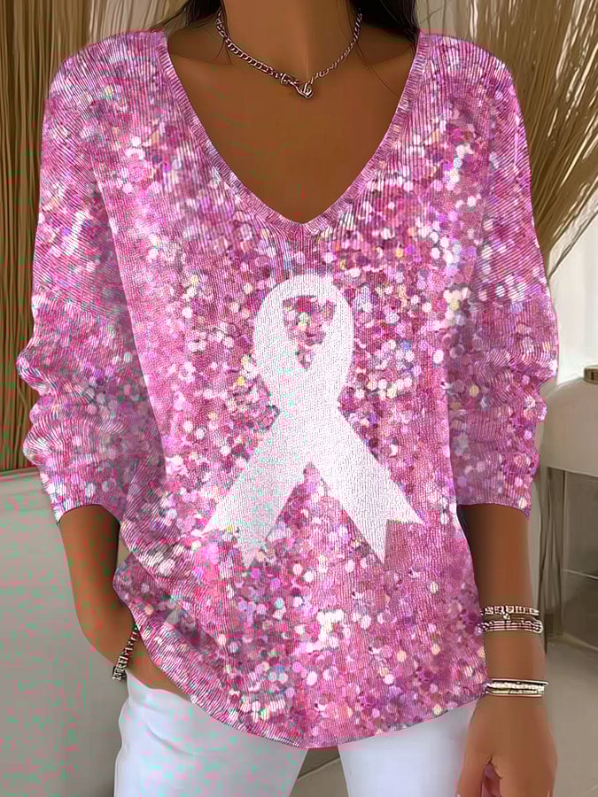 Women's Sequin Ribbon Print Long Sleeve Top