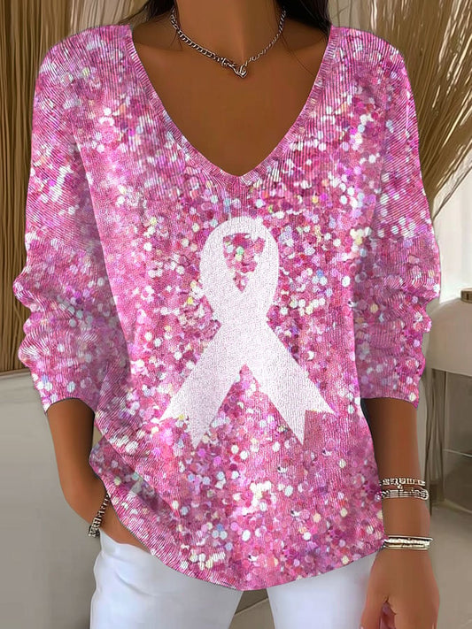 Women's Sequin Ribbon Print Long Sleeve Top