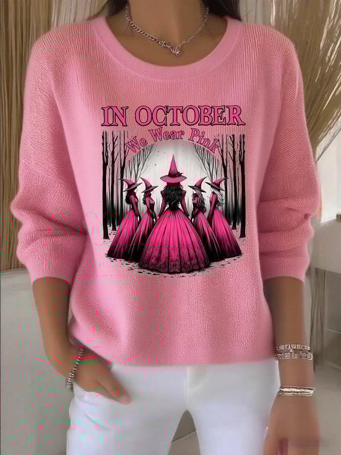 Women's casual October we wear pink witch long sleeve round neck bottoming shirt