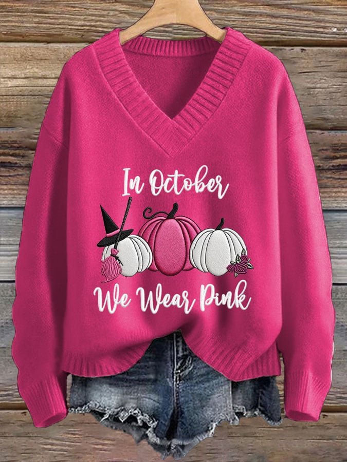 Women's Breast Cancer In October We Wear Pink V-Neck Sweater