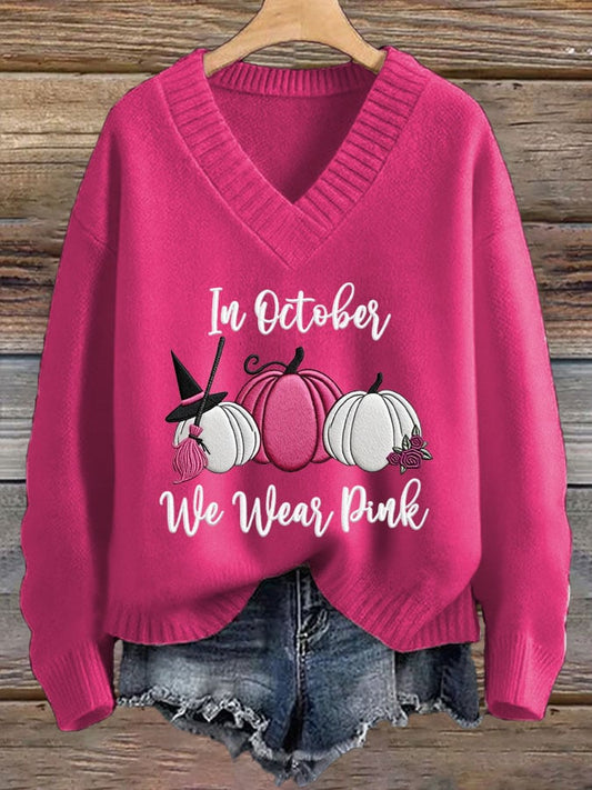 Women's Breast Cancer In October We Wear Pink V-Neck Sweater