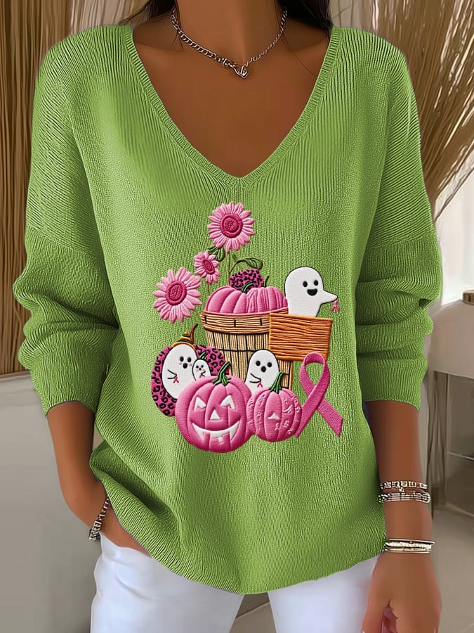 Women's Casual Pink Pumpkin Ghost Print Striped Long Sleeve Top