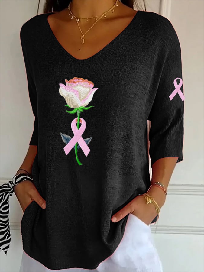 Women's Breast Cancer Embroidery Floral Print Striped Fabric Casual V-Neck Mid Sleeve T-Shirt