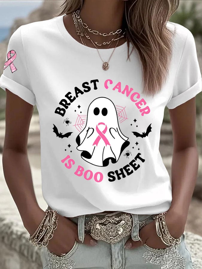 Women's Casual Retro Breast Cancer is Boo Sheet Ghost T-Shirt