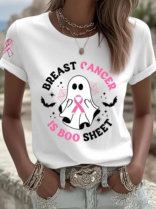 Women's Casual Retro Breast Cancer is Boo Sheet Ghost T-Shirt