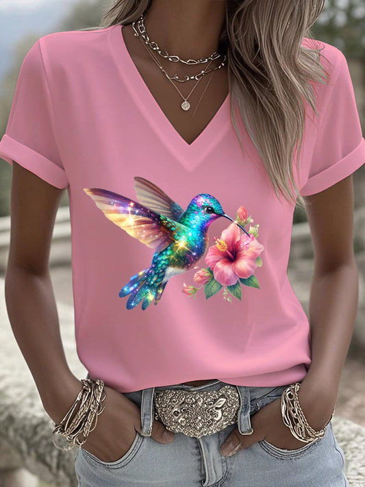 Women's Breast Cancer Awareness Hummingbird And Flower Print Short Sleeve T-Shirt
