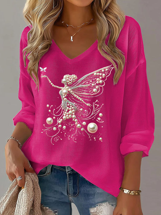 Women'S Casual Pink Breast Cancer Print Waffle Long Sleeve T-Shirt