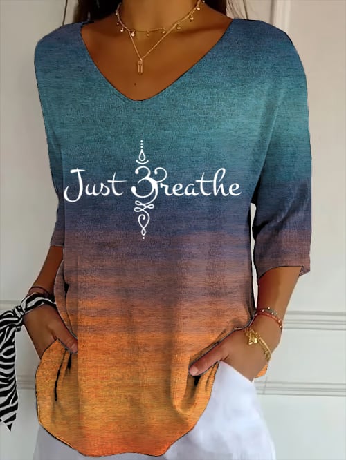 Women's Just Breathe Print V Neck Top
