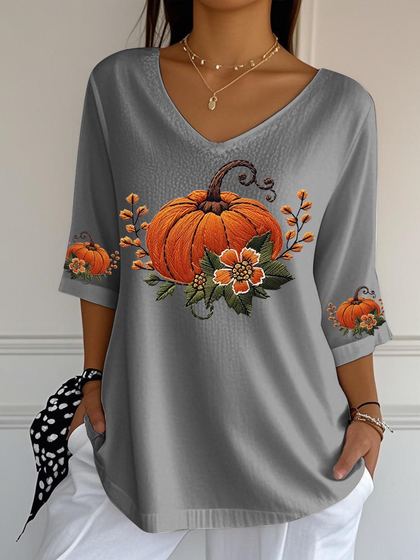 Women's Retro Autumn Pumpkin Print Mid Sleeve T-Shirt