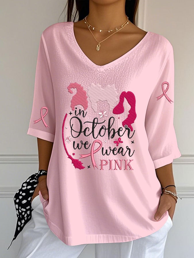 Women's Breast Cancer Witch Print  Casual V-Neck Top