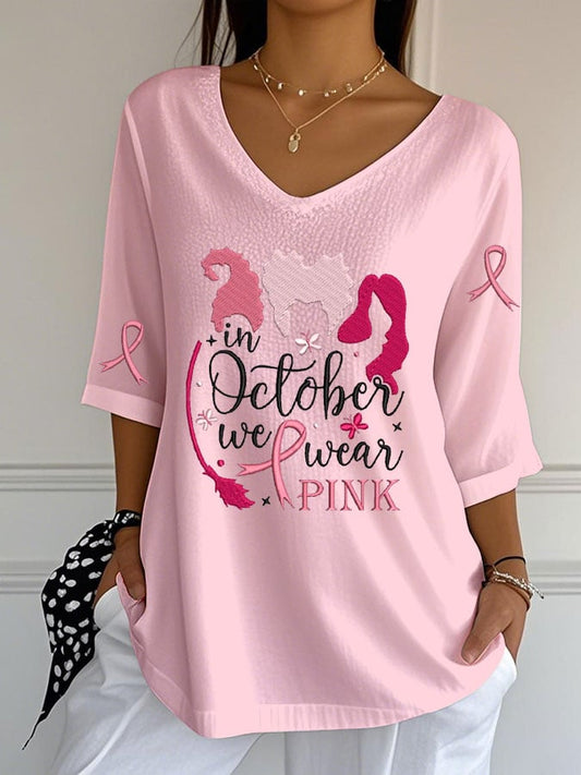 Women's Breast Cancer Witch Print  Casual V-Neck Top