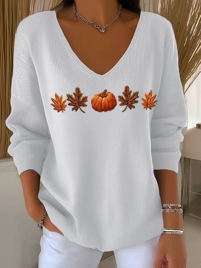 Women's Casual Autumn Maple Leaf Pumpkin Striped Long-Sleeved V-Neck Top