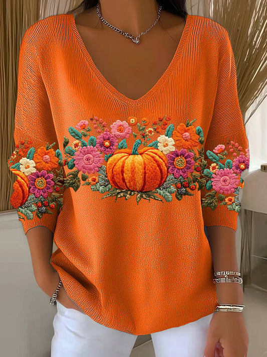 Women's  Pumpkin Print Casual Striped Fabric Long Sleeve T-shirt
