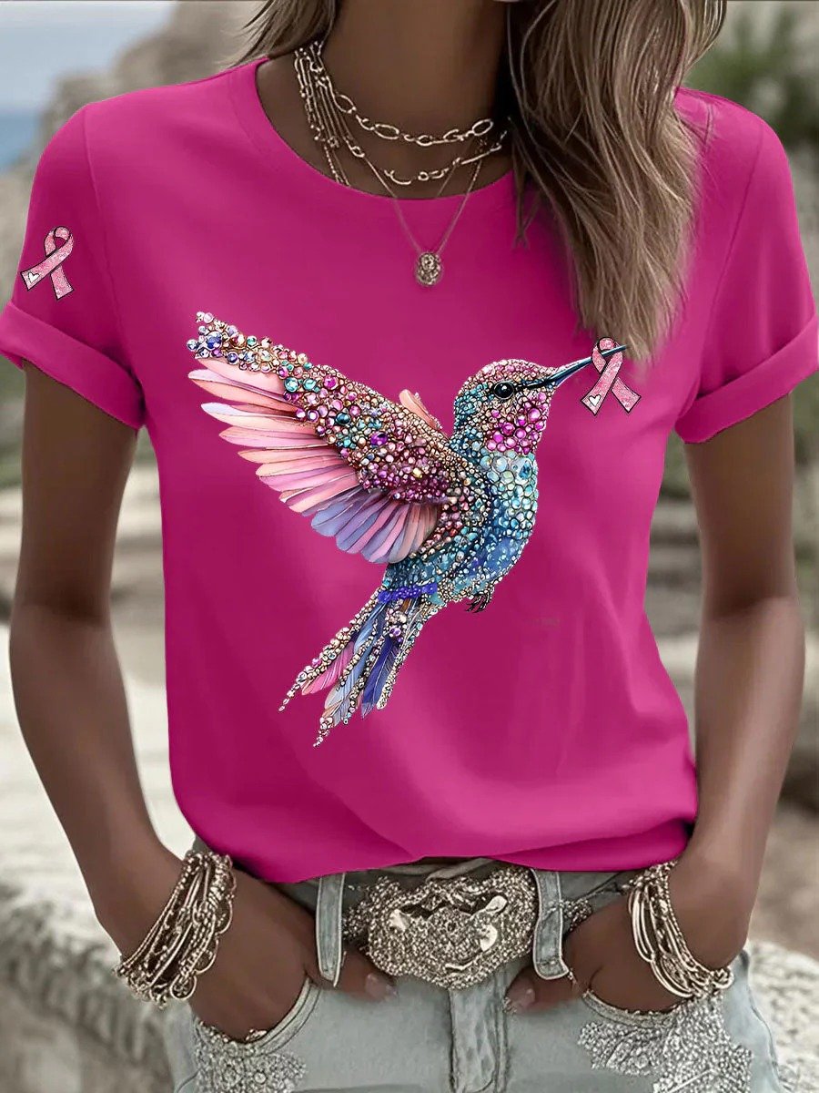 Women's Breast Cancer Hummingbird Ribbon Print Casual T-shirt
