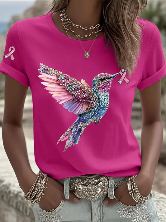 Women's Breast Cancer Hummingbird Ribbon Print Casual T-shirt