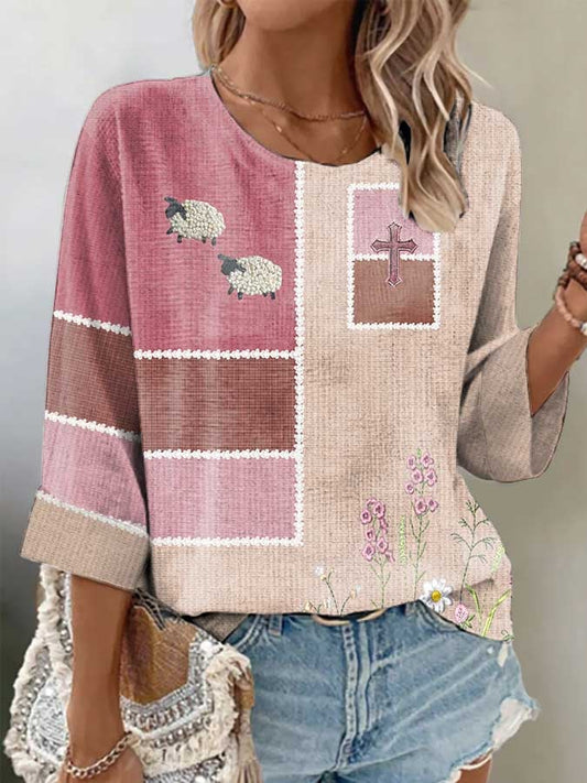 Women's Pink Cute Lamb Cross Imitation Embroidery Printed 3/4 Sleeve Top