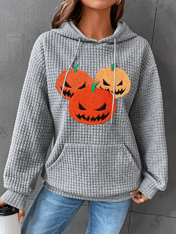 Women's Pumpkin Face Print Waffle Fabric Hooded Sweatshirt