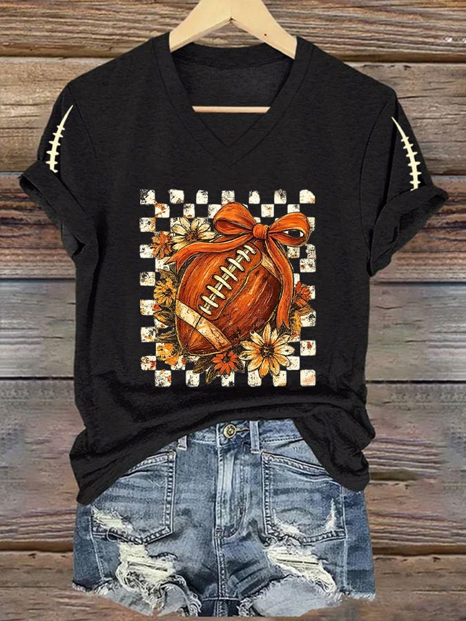 Women's V-Neck Retro Fall Means Football Print T-Shirt