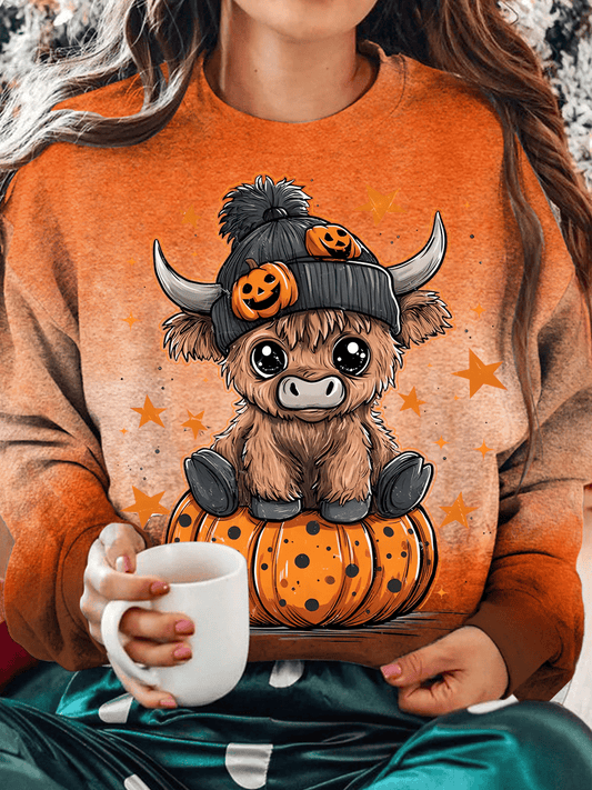 Women's Casual Autumn Pumpkin Cow Print Sweatshirt