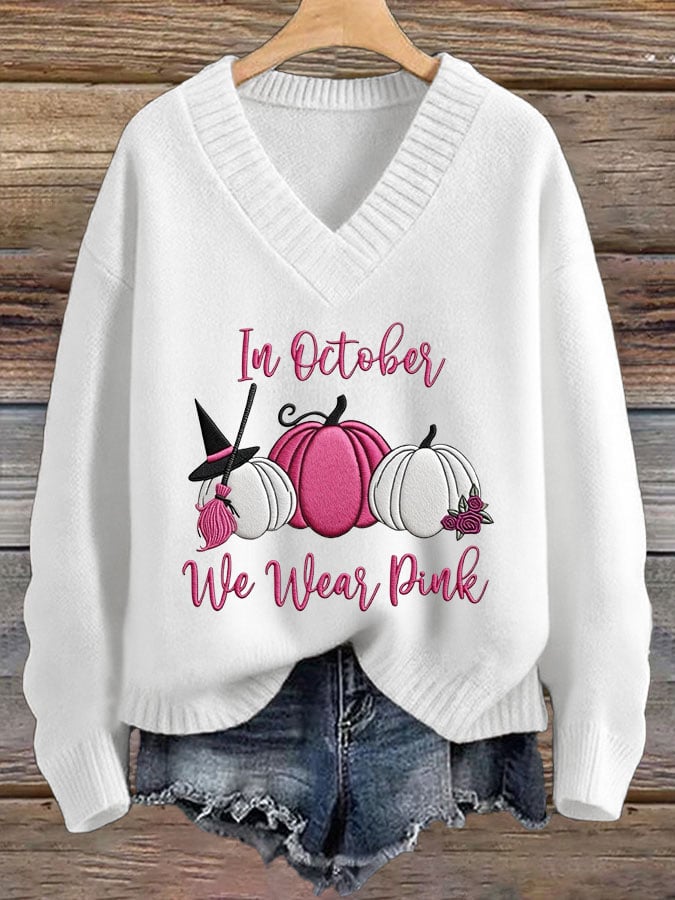 Women's Breast Cancer In October We Wear Pink V-Neck Sweater