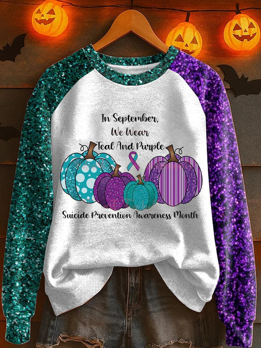 Women's In September We Wear Teal And Purple Suicide Prevention Awareness Print Raglan Sleeve Sweatshirt