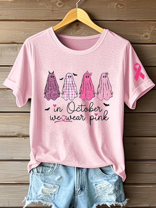 Women's In October We Wear Pink Ghosts Printed Casual T-Shirt