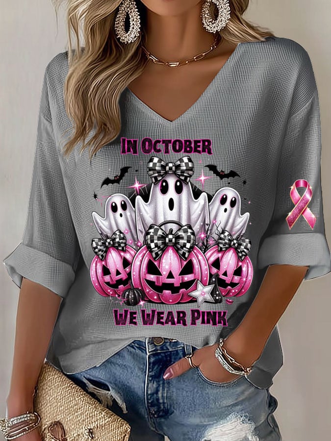 Women's  In October We Wear Pink Print Casual  Long Sleeve T-Shirt