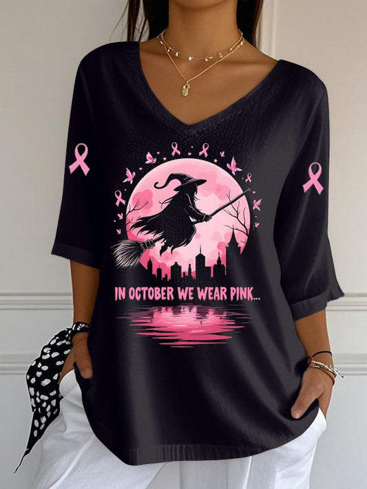 Women's In October We Wear Pink Witchy Print Casual V-Neck Top