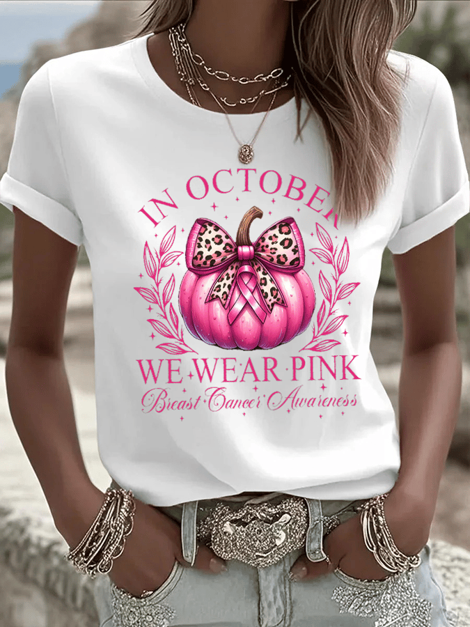 Women's In October We Wear Pink Print Crew Neck T-Shirt