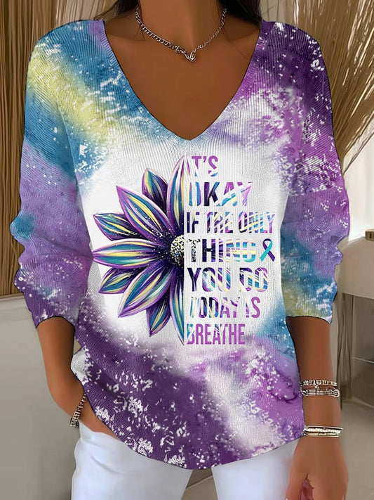 Women's It's Okay If The Only Thing You Do Today Is Breathe Sunflower Print V Neck Sweater