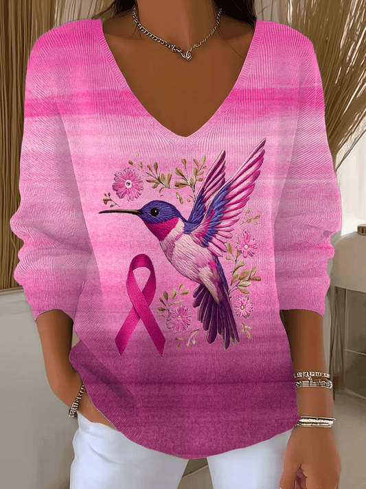 Women's Breast Cancer Hummingbird Print Long Sleeve Top